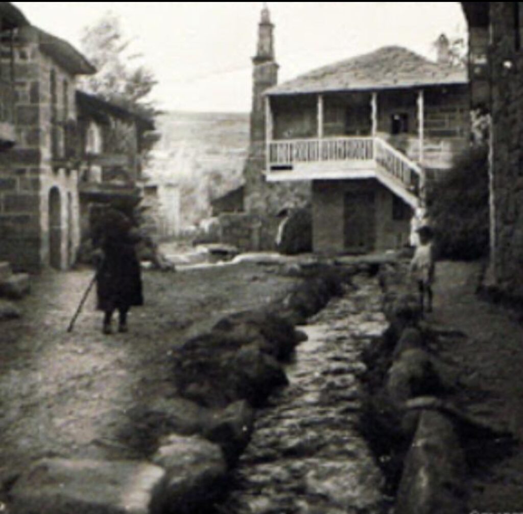 Fotografía antigua en blanco y negro de una calle de Galende con una vecina caminando